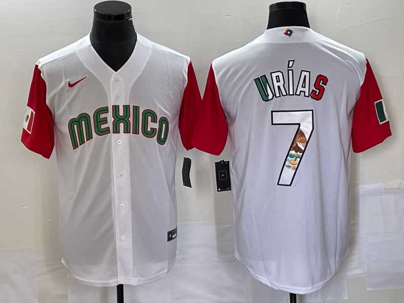 Men%27s Mexico Baseball #7 Julio Urias Number 2023 White Red World Classic Stitched Jersey 14